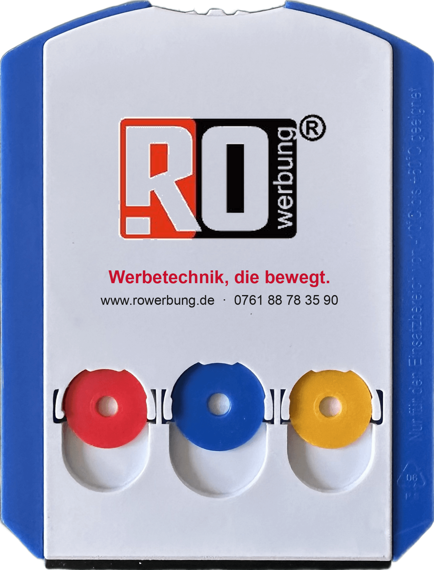 Rückseite der Parkscheibe bedruckt mit RO-Werbung-Logo, Slogan und Kontaktdaten