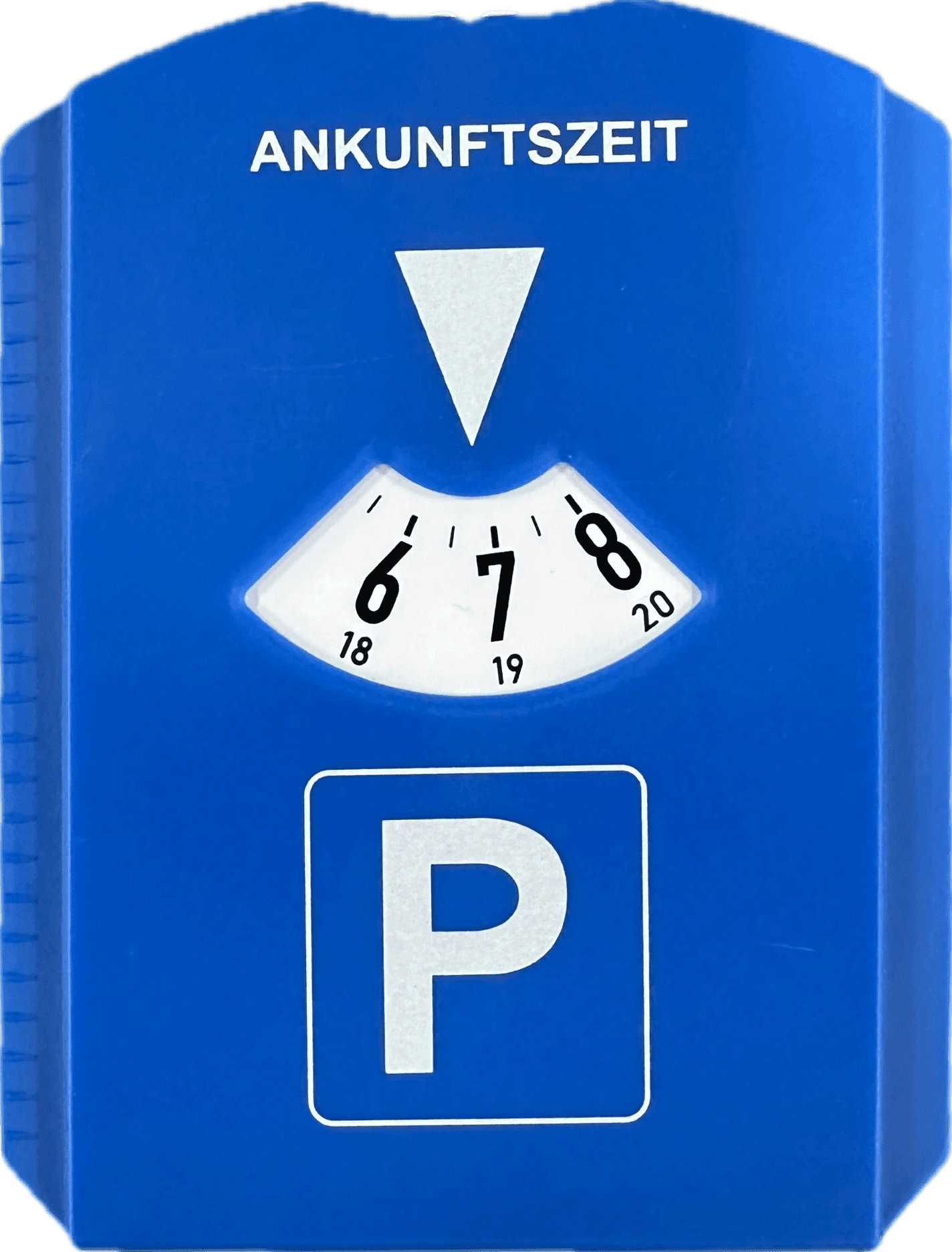 Vorderseite der Parkscheibe: blaue StVO-Parkscheibe mit Ankunftszeit-Anzeige